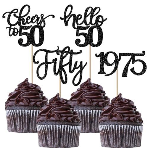24 Stück 50 Geburtstag Cupcake Toppers Glitter Fifty seit 1975 Prost auf 50 Cupcake Picks Hallo 50 Jahre Geburtstagskuchen Dekorationen für glückliche 50 Geburtstag Jubiläum Party Schwarz von SYKYCTCY