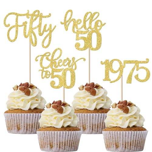 24 Stück 50 Geburtstag Cupcake Toppers Glitter Fifty seit 1975 Prost auf 50 Cupcake Picks Hallo 50 Jahre Geburtstagskuchen Dekorationen für glückliche 50 Geburtstag Jubiläum Party Gold von SYKYCTCY