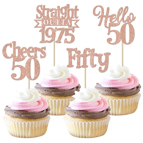 24 Stück 50th Geburtstag Tortendeko Glitzer Straight Outta 1975 Cupcake Toppers Fifty Hello 50 Kuchen Deko für Prost auf 50 Jahre Geburtstag Hochzeit Jahrestag Party Kuchen Dekoration Rosegold von SYKYCTCY