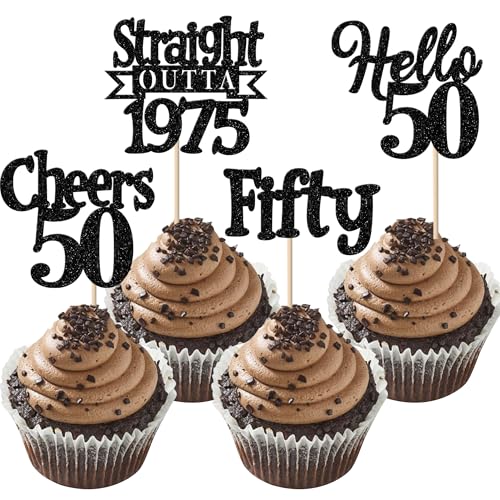 24 Stück 50th Geburtstag Tortendeko Glitzer Straight Outta 1975 Cupcake Toppers Fifty Hello 50 Kuchen Deko für Prost auf 50 Jahre Geburtstag Hochzeit Jahrestag Party Kuchen Dekoration Schwarz von SYKYCTCY