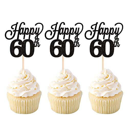 24 Stück 60 Cupcake Toppers Glitter"Happy 60th Birthday" Kuchen Topper Nummer 60 Achtzehn Sweet 60 Geburtstag Hochzeitstag Party Kuchen Dekorationen Zubehör Schwarz von SYKYCTCY