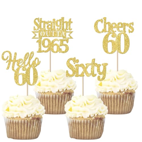 24 Stück 60th Geburtstag Cupcake Toppers Glitzer Straight Outta 1965 Kuchen Deko Sixty Hello 60 Tortendeko für Prost auf 60 Jahre Geburtstag Hochzeit Jahrestag Party Kuchen Dekoration Gold von SYKYCTCY