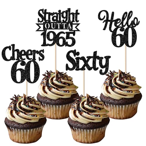 24 Stück 60th Geburtstag Cupcake Toppers Glitzer Straight Outta 1965 Kuchen Deko Sixty Hello 60 Tortendeko für Prost auf 60 Jahre Geburtstag Hochzeit Jahrestag Party Kuchen Dekoration Schwarz von SYKYCTCY