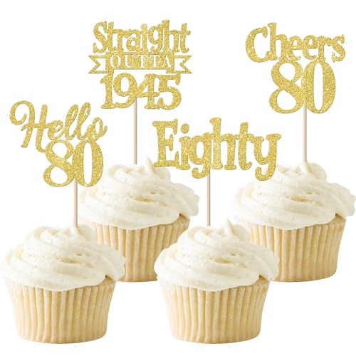 24 Stück 80th Geburtstag Cupcake Toppers Glitzer Straight Outta 1945 Kuchen Deko Eighty Hello 80 Tortendeko für Prost auf 80 Jahre Geburtstag Hochzeit Jahrestag Party Kuchen Dekoration Gold von SYKYCTCY