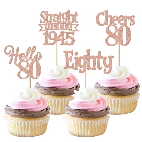 24 Stück 80th Geburtstag Cupcake Toppers Glitzer Straight Outta 1945 Kuchen Deko Eighty Hello 80 Tortendeko für Prost auf 80 Jahre Geburtstag Hochzeit Jahrestag Party Kuchen Dekoration Rosegold von SYKYCTCY