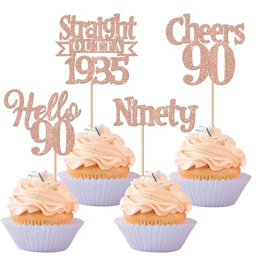 24 Stück 90th Geburtstag Cupcake Toppers Glitzer Straight Outta 1935 Kuchen Deko Ninety Hello 90 Tortendeko für Prost auf 90 Jahre Geburtstag Hochzeit Jahrestag Party Kuchen Dekoration Rosegold von SYKYCTCY