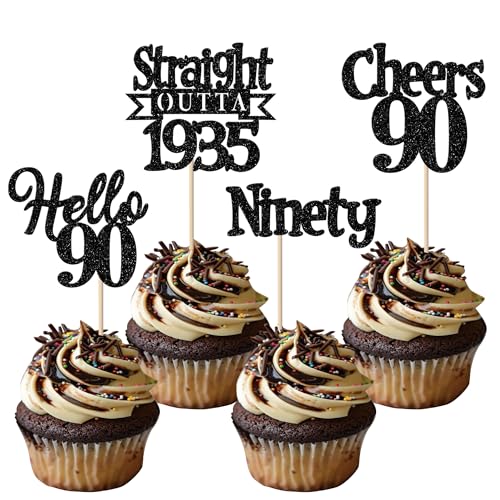 24 Stück 90th Geburtstag Cupcake Toppers Glitzer Straight Outta 1935 Kuchen Deko Ninety Hello 90 Tortendeko für Prost auf 90 Jahre Geburtstag Hochzeit Jahrestag Party Kuchen Dekoration Schwarz von SYKYCTCY