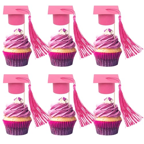 24 Stück Abschluss Kappe Tortendeko Quaste Klebepunkte Dekorationen Klasse von 2025 Cupcake Toppers Abschlusskappe Kuchen Deko für 2025 Graduierung Thema Party Kuchen Dekorationen Roserot von SYKYCTCY