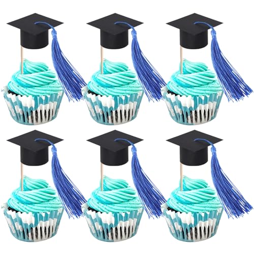 24 Stück Abschluss Kappe Tortendeko Quaste Klebepunkte Dekorationen Klasse von 2025 Cupcake Toppers Abschlusskappe Kuchen Deko für 2025 Graduierung Thema Party Kuchen Dekorationen Schwarz Blau von SYKYCTCY