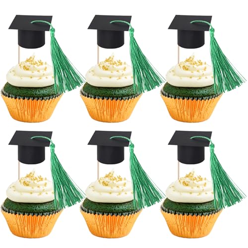 24 Stück Abschluss Kappe Tortendeko Quaste Klebepunkte Dekorationen Klasse von 2025 Cupcake Toppers Abschlusskappe Kuchen Deko für 2025 Graduierung Thema Party Kuchen Dekorationen Schwarz Grün von SYKYCTCY