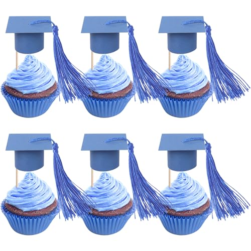24 Stück Abschluss Kappe mit Quaste Tortendeko 2025 Klebepunkte Dekorationen Klasse von 2025 Kuchen Deko Abschlusskappe Cupcake Toppers für Graduierung Thema Party Kuchen Dekorationen Blau von SYKYCTCY
