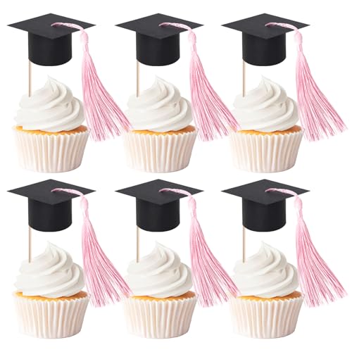 24 Stück Abschluss Kappe mit Quaste Tortendeko 2025 Klebepunkte Dekorationen Klasse von 2025 Kuchen Deko Abschlusskappe Cupcake Toppers für Graduierung Thema Party Kuchen Dekorationen Schwarz Rosa von SYKYCTCY