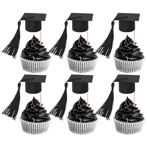24 Stück Abschluss Kappe mit Quaste Tortendeko 2025 Klebepunkte Dekorationen Klasse von 2025 Kuchen Deko Abschlusskappe Cupcake Toppers für Graduierung Thema Party Kuchen Dekorationen Schwarz von SYKYCTCY
