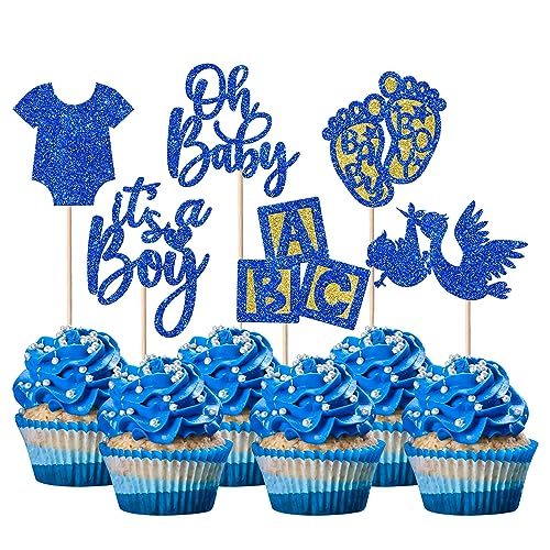 24 Stück Baby Boys Tortendeko Glitzer Strampler Jumpsuit Schwan Cupcake Toppers mit Buchstabe Oh Baby Kuchen Deko Geschlecht Reveal Kuchen Dekorationen für Baby Junge Geburtstag Party Dunkelblau von SYKYCTCY