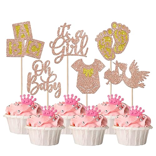 24 Stück Baby Girls Tortendeko Glitzer Strampler Jumpsuit Schwan Cupcake Toppers mit Buchstabe Oh Baby Kuchen Deko Geschlecht Reveal Kuchen Dekorationen für Baby Mädchen Geburtstag Party Rosegold von SYKYCTCY