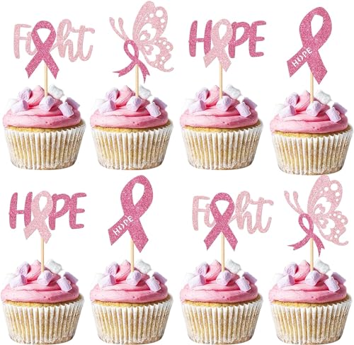 24 Stück Brustkrebs Bewusstsein Cupcake Toppers Glitzer Rosa Ribbon Fight Beliveve Hope Tortendeko Breast Cancer Awareness Kuchen Deko für Glaube Rosa Schleife Party Kuchen Dekorationen von SYKYCTCY