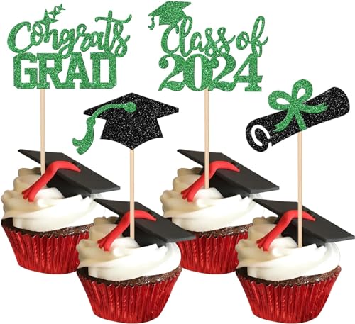 24 Stück Class of 2024 Tortendeko Abschluss Cupcake Toppers Glitzer Diplom Grad Cap Kuchen Deko Absolvent Kuchen Dekoration for 2024 Schule Abschluss Thema Party Torten Dekorationen Schwarz Grün von SYKYCTCY