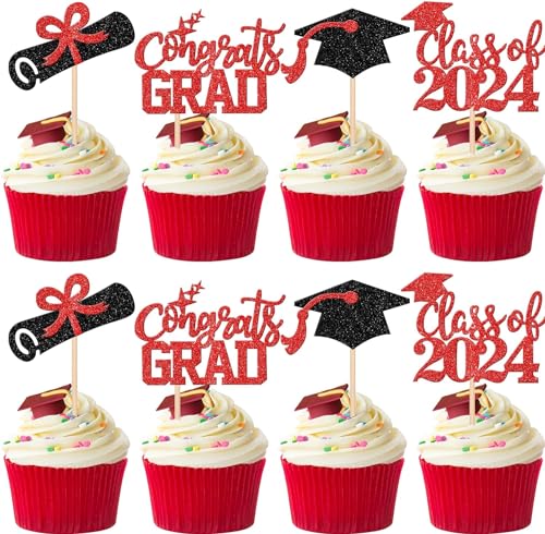 24 Stück Class of 2024 Tortendeko Abschluss Cupcake Toppers Glitzer Diplom Grad Cap Kuchen Deko Absolvent Kuchen Dekoration for 2024 Schule Abschluss Thema Party Torten Dekorationen Schwarz Rot von SYKYCTCY