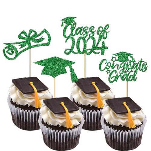 24 Stück Class of 2024 Tortendeko Glitzer Abschluss Cupcake Toppers 2024 Diploma Grad Cap Kuchen Deko für Schule 2024 Absolvent Thema Party Kuchen Dekoration Grün von SYKYCTCY