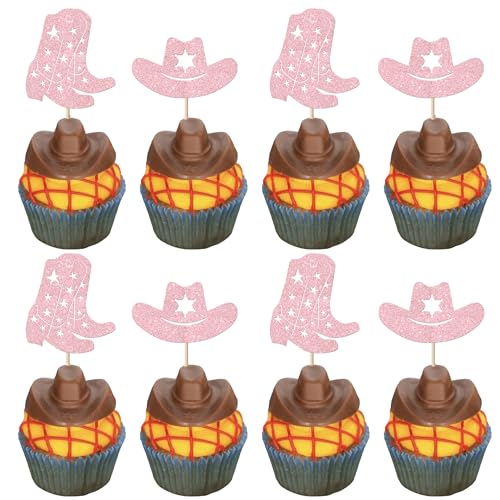 24 Stück Cowboy Cupcake Toppers Hut Stiefel Western Tortendeko Cowboy Geburtstag Kuchen Deko für Westliche Thema Baby Dusche Party Cupcake Dekorationen Rosa von SYKYCTCY