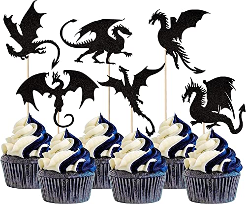 24 Stück Drachen Tortendeko Glitter Fantasie Geburtstag Cake Toppers für Fliegende Drachen Thema Baby Dusche Kinder Geburtstag Party Kuchen Dekorationen Zubehör Schwarz von SYKYCTCY