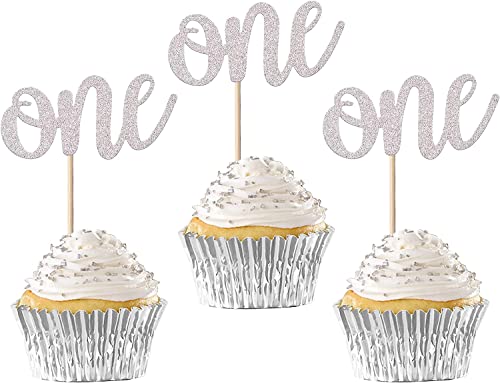24 Stück Erster Geburtstag Tortendeko Glitzer One Cupcake Toppers 1st Geburtstag Torten Deko Cake Toppers für Baby Dusche Kuchen Dekorationen Party-Zubehör Silber von SYKYCTCY