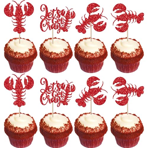 24 Stück Flusskrebse Tortendeko Glitzer Meer Tier Geburtstag Kuchen Deko Crayfish Cupcake Toppers für Lobster Thema Baby Dusche Kinder Geburtstag Party Kuchen Dekorationen Rot von SYKYCTCY