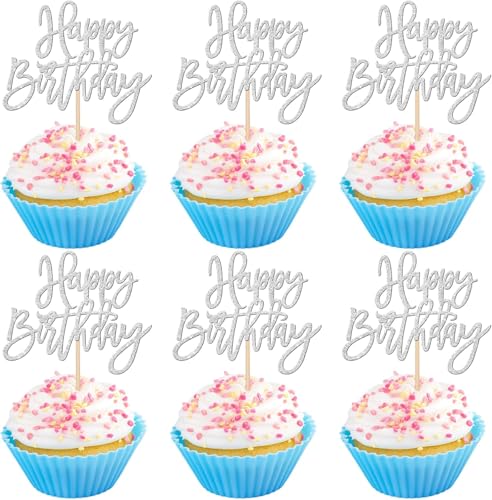24 Stück Geburtstag Kuchen Deko Glitzer Happy Birthday Cupcake Toppers Geburtstag Tortendeko Gute zum Geburtstag Kuchen Deko für Geburtstag Jahrestag Thema Party Kuchen Dekorationen Silber von SYKYCTCY