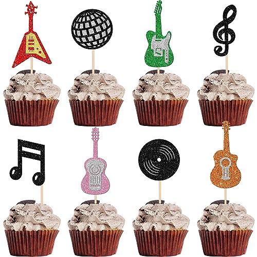 24 Stück Gitarre Cupcake Toppers Musik Noten Tortendeko Glitzer Guitar Rock Kuchen Deko Musikalisch Instrument Torte Dekorationen für Musiker Baby Shower Geburtstag Party von SYKYCTCY