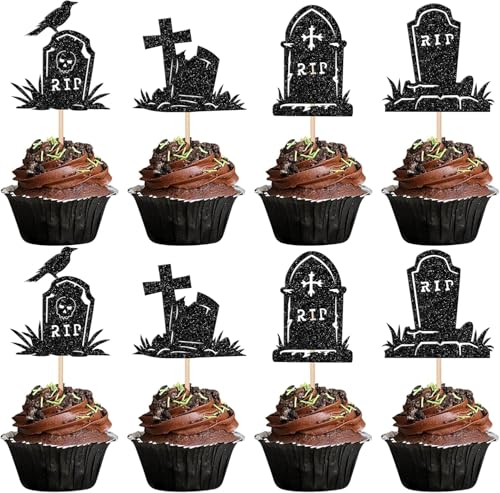 24 Stück Halloween Grabstein Tortendeko RIP Friedhof Graveyard Skelett Krähe Kuchen Deko Cupcake Toppers für Thema Geburtstag Party Dekorationen Schwarz 24 Stück Halloween Grabstein Tortendeko RIP Friedhof Graveyard Skelett Krähe Kuchen Deko Cupcake Toppers für Thema Geburtstag Party Dekorationen Schwarz von SYKYCTCY
