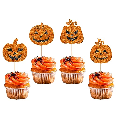 24 Stück Halloween Kürbis Tortendeko Glitzer Kürbis Allerheiligen Kuchen Deko Pumpkin Halloween Cupcake Toppers für Baby Dusche Fledermäuse Halloween Geburtstag Herbst Cupcake Dekorationen Party von SYKYCTCY