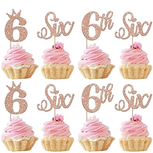 24 Stück Happy 6th Geburtstag Cupcake Toppers Glitzer Sechste Tortendeko Crown Six Kuchen Deko für Baby-Dusche Party Dekorationen Rosegold von SYKYCTCY