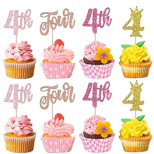 24 Stück Happy Birthday Cupcake Toppers Glitzer - 4. Geburtstag Tortendeko für Crown Four Cupcake Picks - Vierte Geburtstag Kuchen Dekorationen für Baby Dusche, Jahrestag Party - Buntes von SYKYCTCY