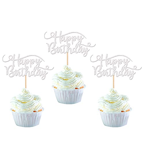 24 Stück Happy Birthday Cupcake Toppers Glitter Geburtstag Tortendeko zum Feiern alles Gute zum Geburtstag Party Kuchen Dekorationen Zubehör Silber von SYKYCTCY