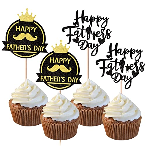 24 Stück Happy Father's Day Cupcake Toppers Best Dad Tortendeko Super Dad Crown Moustache Tortendekorationen für Happy Father's Day Party Männer Geburtstag Party Cake Decoration Schwarz von SYKYCTCY