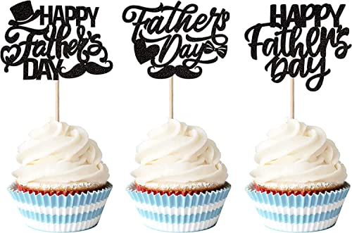 24 Stück Happy Father's Day Tortendeko Glitzer Best Dad Cupcake Toppers Love Dad Moustache Hat Kuchen Deko für Father's Day Thema Party Männer Geburtstag Party Tortendekoration Schwarz von SYKYCTCY