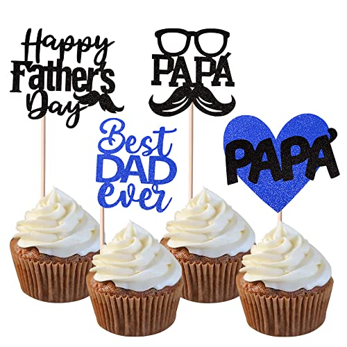 24 Stück Happy Father's Day Tortendeko Glitzer Best Dad Ever Cupcake Toppers Love Dad Moustache Glass Tortendekorationen für Happy Father's Day Party Geburtstag Party Cake Decoration Blau Schwarz von SYKYCTCY