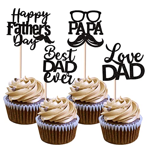 24 Stück Happy Father's Day Tortendeko Glitzer Best Dad Ever Cupcake Toppers Love Dad Moustache Glass Tortendekorationen für Happy Father's Day Party Männer Geburtstag Party Cake Decoration Schwarz von SYKYCTCY