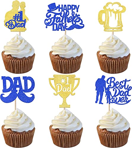 24 Stück Happy Father's Day Tortendeko Glitzer Best Dad Ever Cupcake Toppers Love Dad Moustache Hat #1 Dad Kuchen Deko für Father's Day Thema Thema Geburtstag Party Blau Gold von SYKYCTCY
