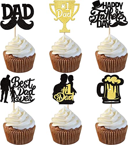 24 Stück Happy Father's Day Tortendeko Glitzer Best Dad Ever Cupcake Toppers Love Dad Moustache Hat #1 Dad Kuchen Deko für Father's Day Thema Thema Geburtstag Party Schwarz Gold von SYKYCTCY