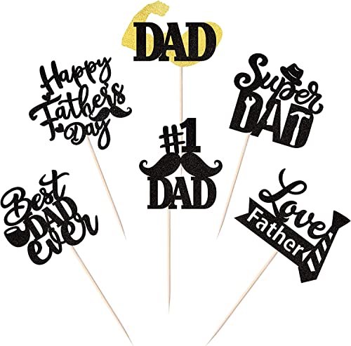 24 Stück Happy Father's Day Tortendeko Glitzer Best Dad Ever Kuchen Deko Love Father #1 Dad Dad Tie Moustache Hat Glass Cupcake Toppers für Father's Day Thema Party Geburtstag Cake Decoration Schwarz von SYKYCTCY