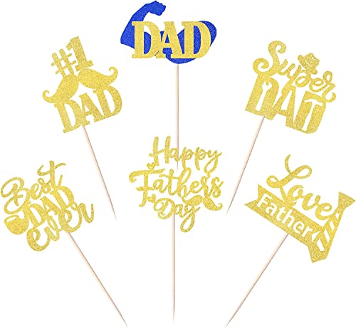 24 Stück Happy Father's Day Tortendeko Glitzer Best Dad Ever Kuchen Deko Love Father #1 Dad Dad Tie Moustache Hat Glass Cupcake Toppers für Father's Day Thema Party Geburtstag Cake Decoration Gold von SYKYCTCY
