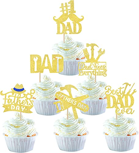 24 Stück Happy Father's Day Tortendeko Glitzer Best Dad Ever Kuchen Deko Love Father #1 Dad Dad Tie Moustache Hat Glass Cupcake Toppers für Father's Day Thema Party Geburtstag Cake Decoration Gold von SYKYCTCY