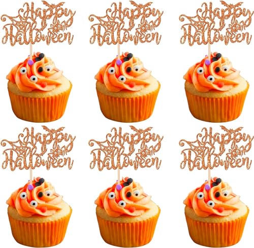 SYKYCTCY 24 Stück Happy Halloween Tortendeko Glitzer Fledermaus Cupcake Toppers Halloween Kuchen Deko für Kinder Geburtstag Party Baby Dusche Halloween Thema Party Cupcake Dekoration Orange von SYKYCTCY
