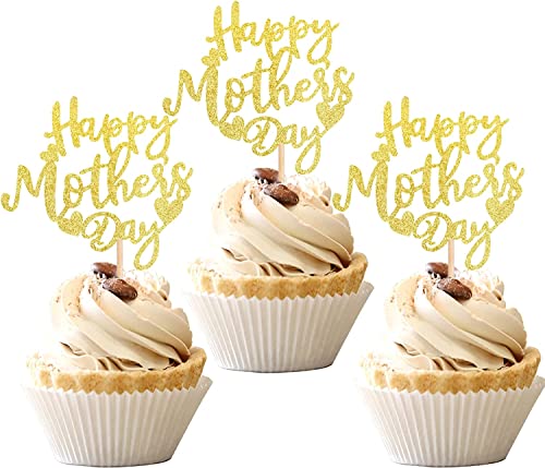 24 Stück Happy Mother's Day Tortendeko Glitter Happy Mother's Cupcake Toppers Liebe Herz Kuchen Deko für Glücklicher Muttertag Thema Frauen Geburtstag Party Gold von SYKYCTCY