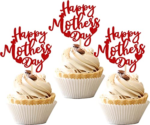 24 Stück Happy Mother's Day Cake Topper, Glitter Happy Mother's Tortendeko mit Herz Kuchen Deko Cupcke Toppers für Glücklicher Muttertag Thema Frauen Geburtstag Party Supplies Rot von SYKYCTCY