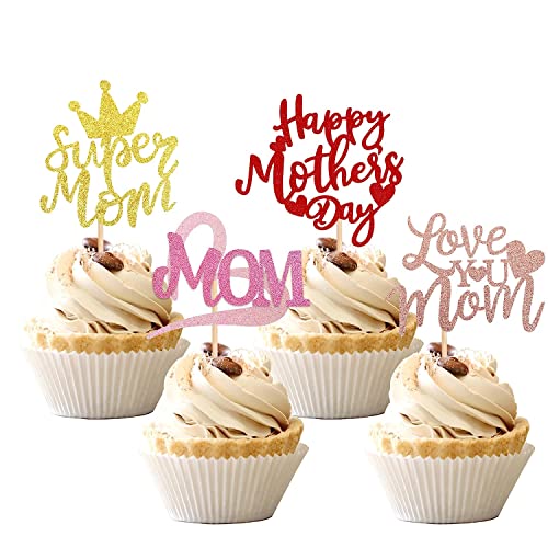 24 Stück Happy Mother's Day Cupcake Toppers, Glitter Herz Super Mom Love You Mom Tortendeko Deko Kuchen für glückliche Muttertag Thema Frauen Geburtstag Party Kuchen Dekorationen Zubehör Bunt von SYKYCTCY