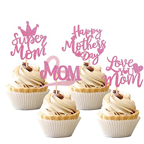 24 Stück Happy Mother's Day Cupcake Toppers, Glitter Herz Super Mom Love You Mom Tortendeko Deko Kuchen für glückliche Muttertag Thema Frauen Geburtstag Party Kuchen Dekorationen Zubehör Rosa von SYKYCTCY
