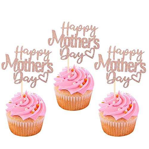 24 Stück Happy Mother's Day Cupcake Toppers Glitter Nummer 1 Mom Love Heart Best Mom Cupcake Picks für Frauen Geburtstag glückliche Muttertag Thema Party Kuchen Dekorationen Zubehör Rose Gold von SYKYCTCY