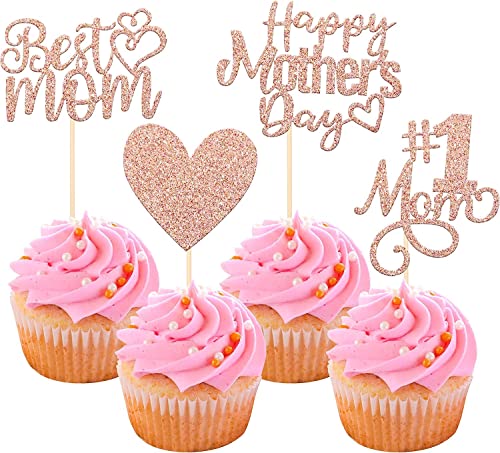 24 Stück Happy Mother's Day Cupcake Toppers Glitter Nummer 1 Mutter Liebe Herz Beste Mutter Cupcake Picks für Frauen Geburtstag Glückliche Mutter Tag Thema Party Kuchen Dekorationen Zubehör Rosegold von SYKYCTCY